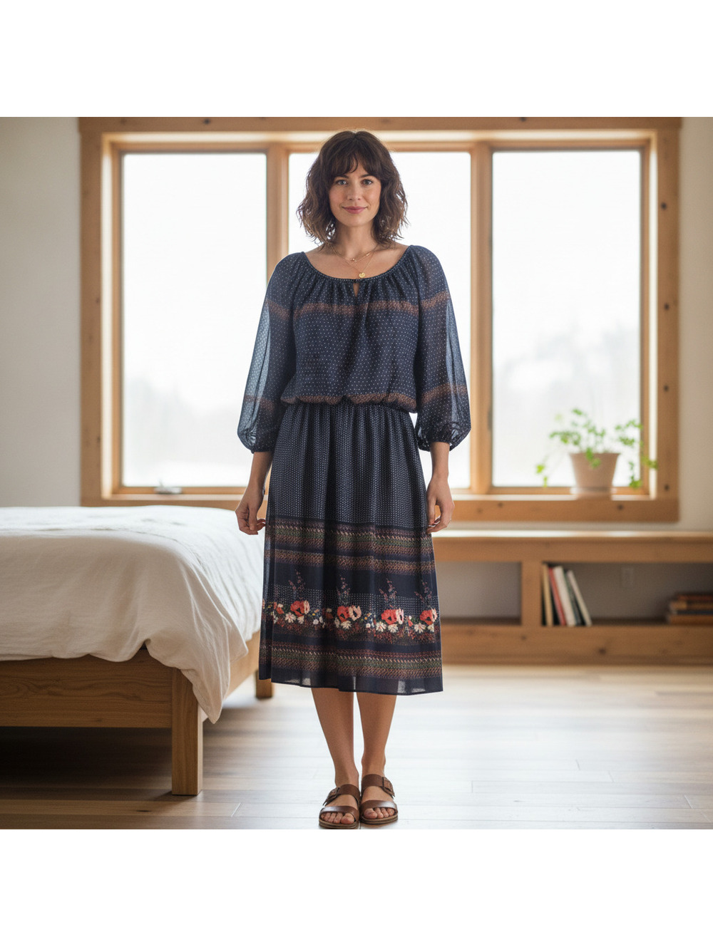 048 Vintage 1970s Liz Petites Navy Polka Dot Floral Border Midi Peasant Dress 10